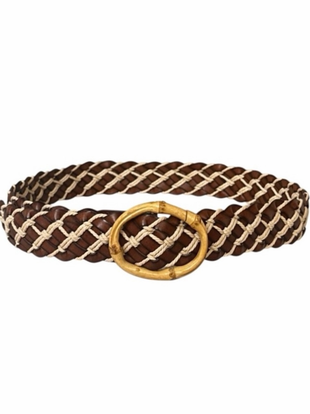 Brown and Cream Woven Leather Belt with Bamboo Buckle